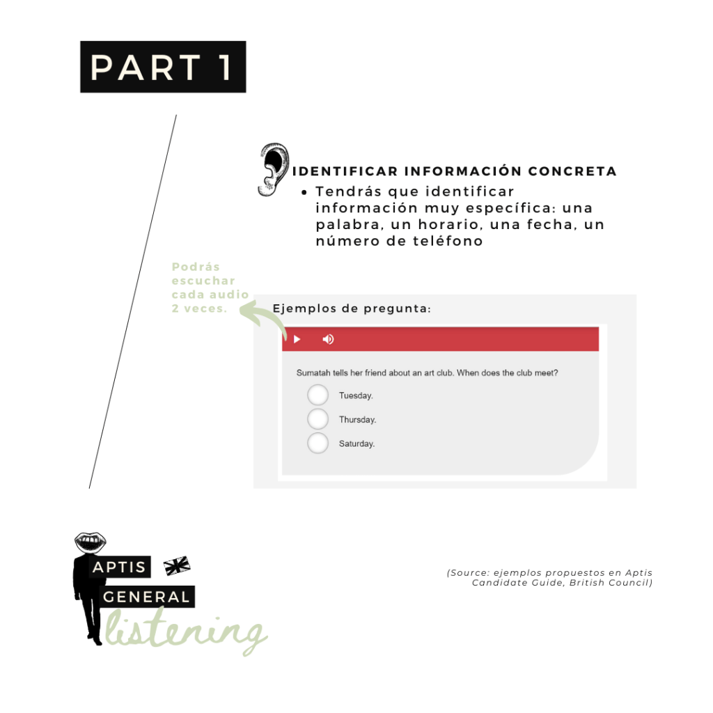 part 1 information recognition, Listening aptis ejemplos